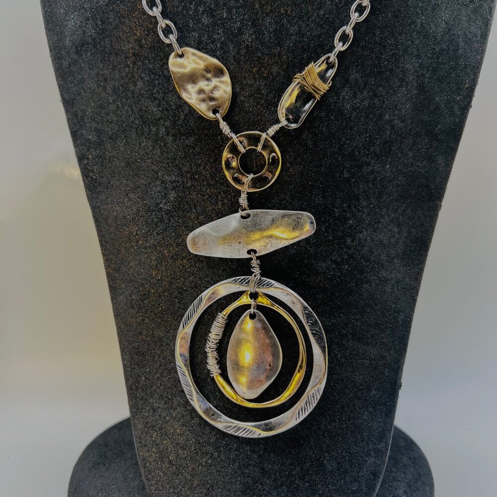 Joan Vass New York Necklace-NWT-Silver/Gold Rustic Mix-Casual-Versatile-V Neck - Picture 4 of 14